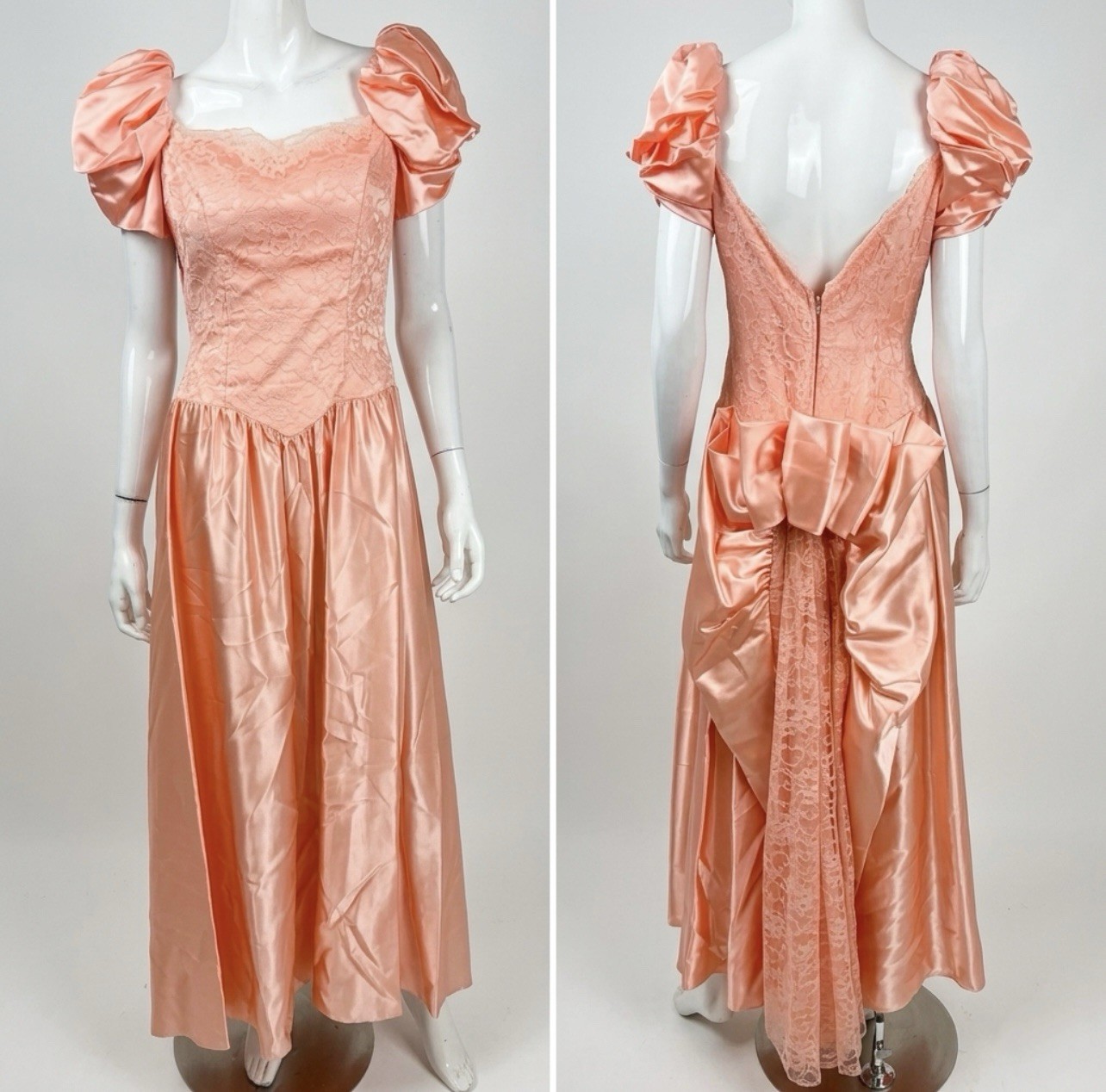 Vintage 80s Women’s 12 Pink Satin Lace USA Made Puff Sleeve Princess Dress Gown