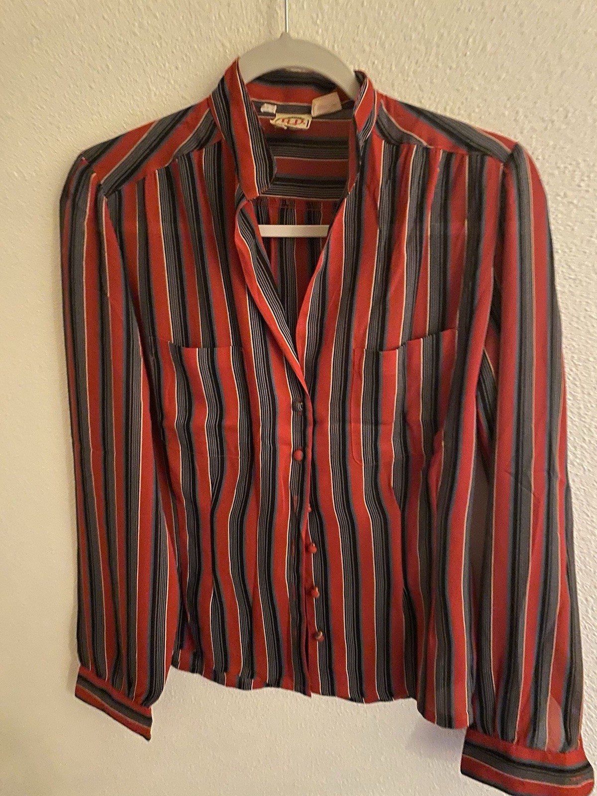 Woman’s Vintage Blouse R D Red Grey Black Strip True Vintage