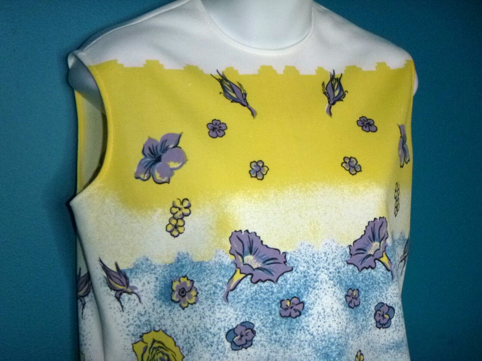 Vtg 60s 70s MOD Polyester Knit Novelty Shirt Yellow Lilac Blue Flowers Sz S/M