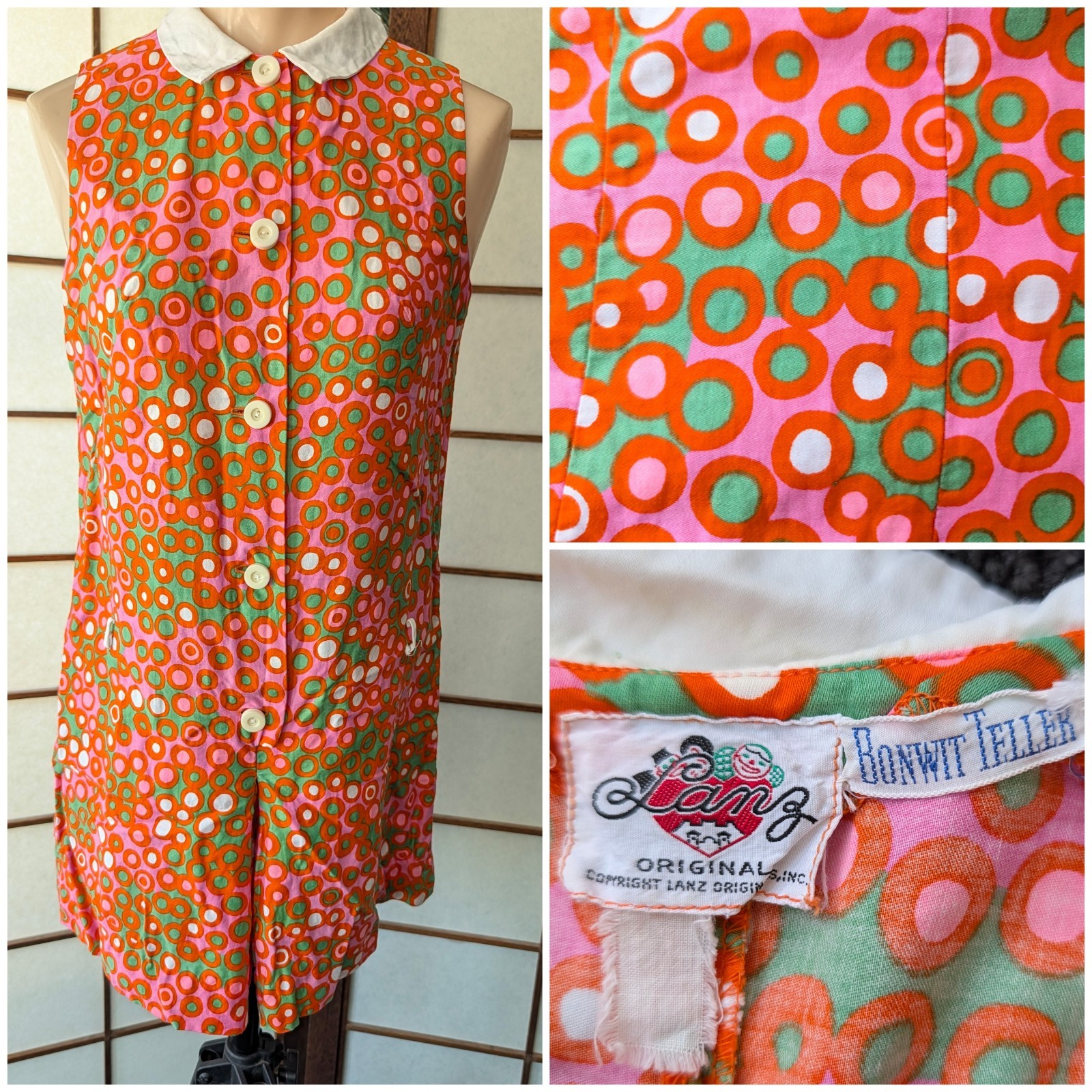 Vtg 60s Lanz Original Scooter Playsuit Romper Peter Pan Collar Buttons Mod GoGo