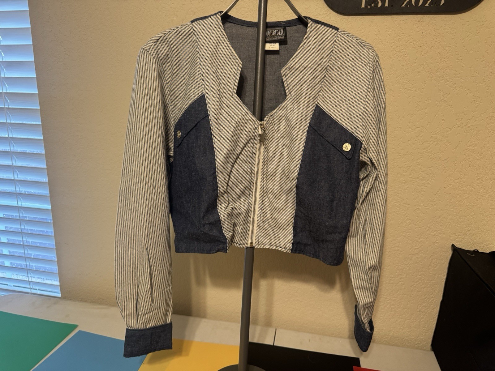 Vintage Roughrider 100 Percent Cotton Striped Denim Western Top Size Large Rodeo