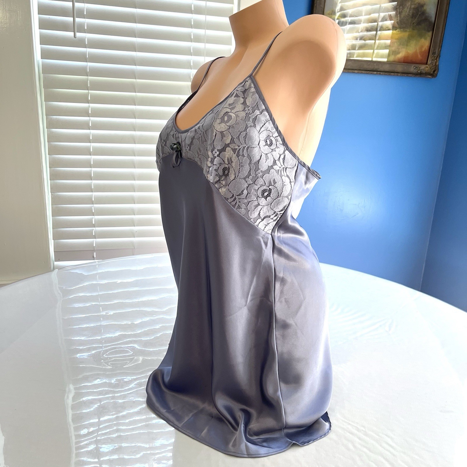 VTG Y2K MAIDENFORM Babydoll Nightie Chemise Slip Liquid Satin Pewter Silver Sz M