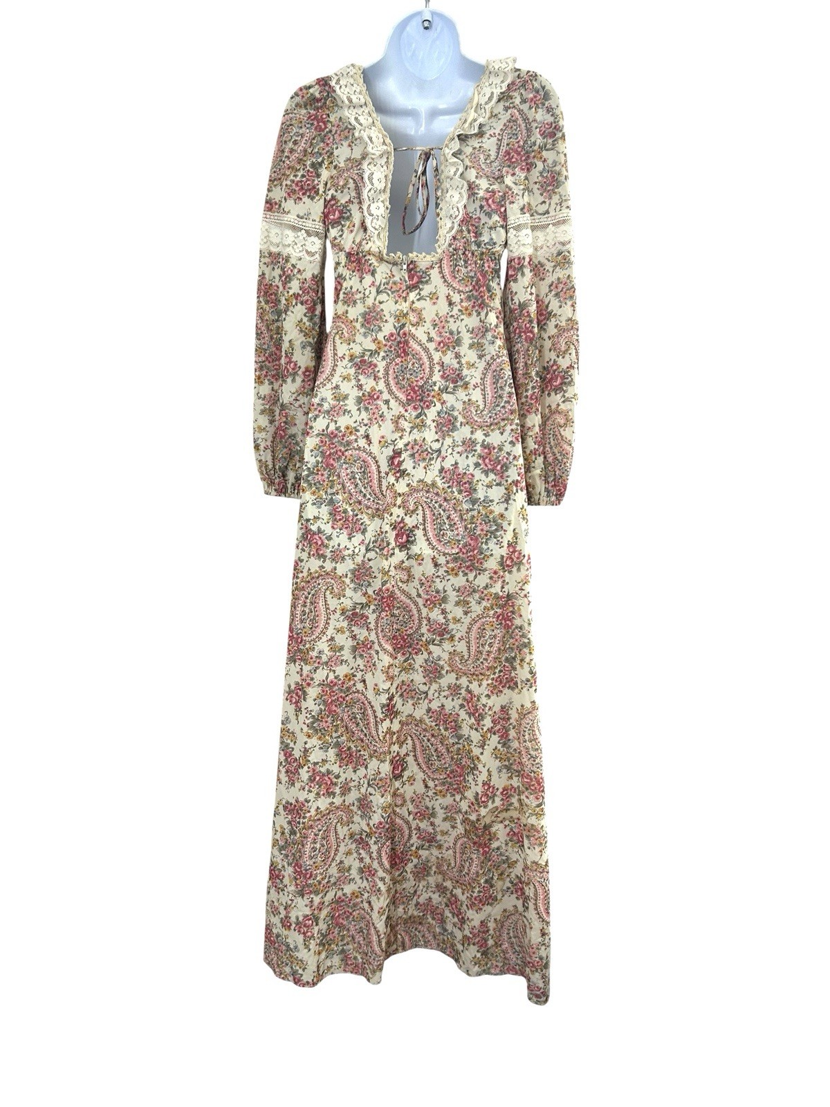 Vintage 70s Handmade Floral Paisley Lace Boho Peasant Maxi Dress Size S