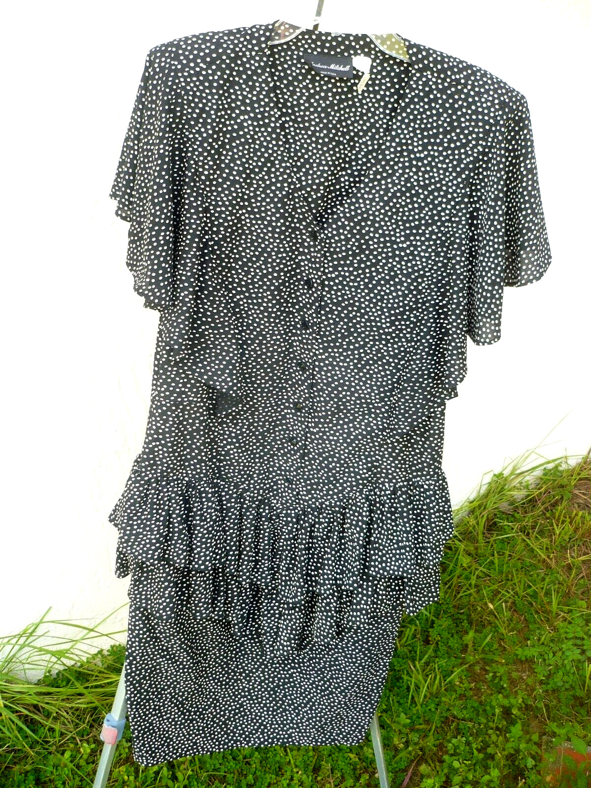VTG 80S ANDREA MITCHELL DROP WAIST RUFFLED BLACK DOT DRESS ANGEL SLEEVE SZ 18 XL