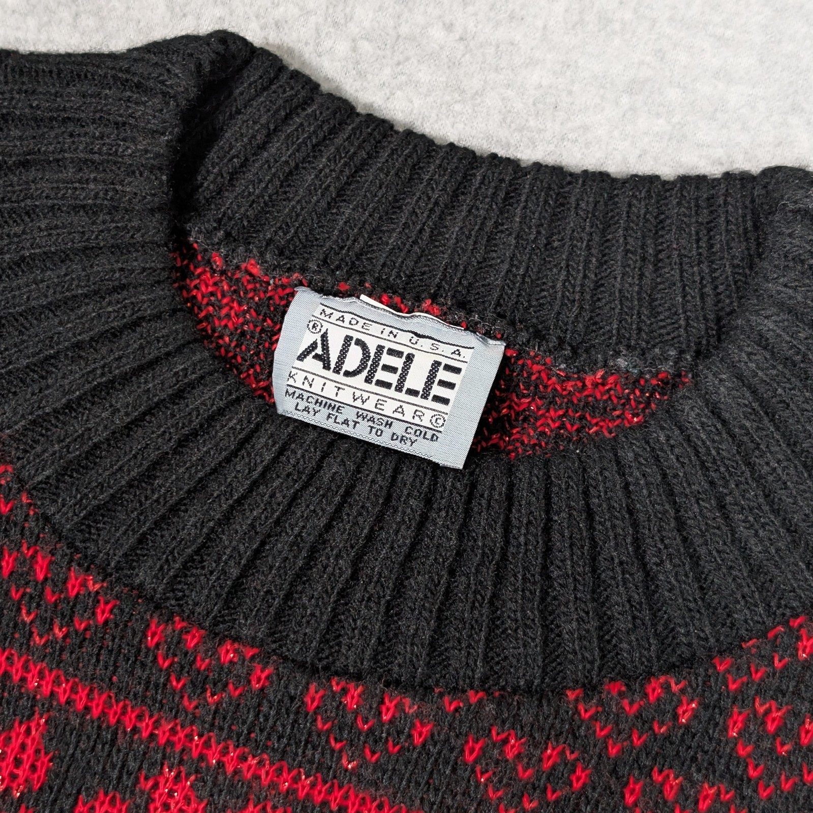 Vintage 80s 90s Adele Knitwear Sweater Roses & Hearts Black Red Shoulder Pads