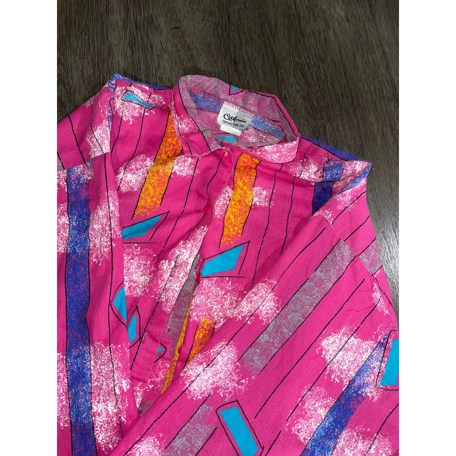 California Connection Inc Wmns 42 Pink Shirt 80s Geometric Abstract Print Vntg