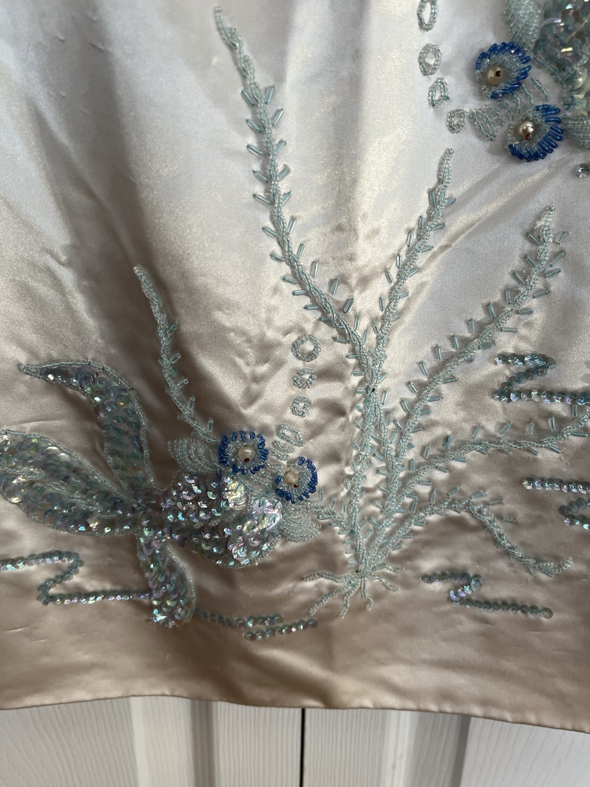 VTG 50/60s Satin Hand Beaded Sequin Light Blue Sheath Dress Sz Small Fish Koi