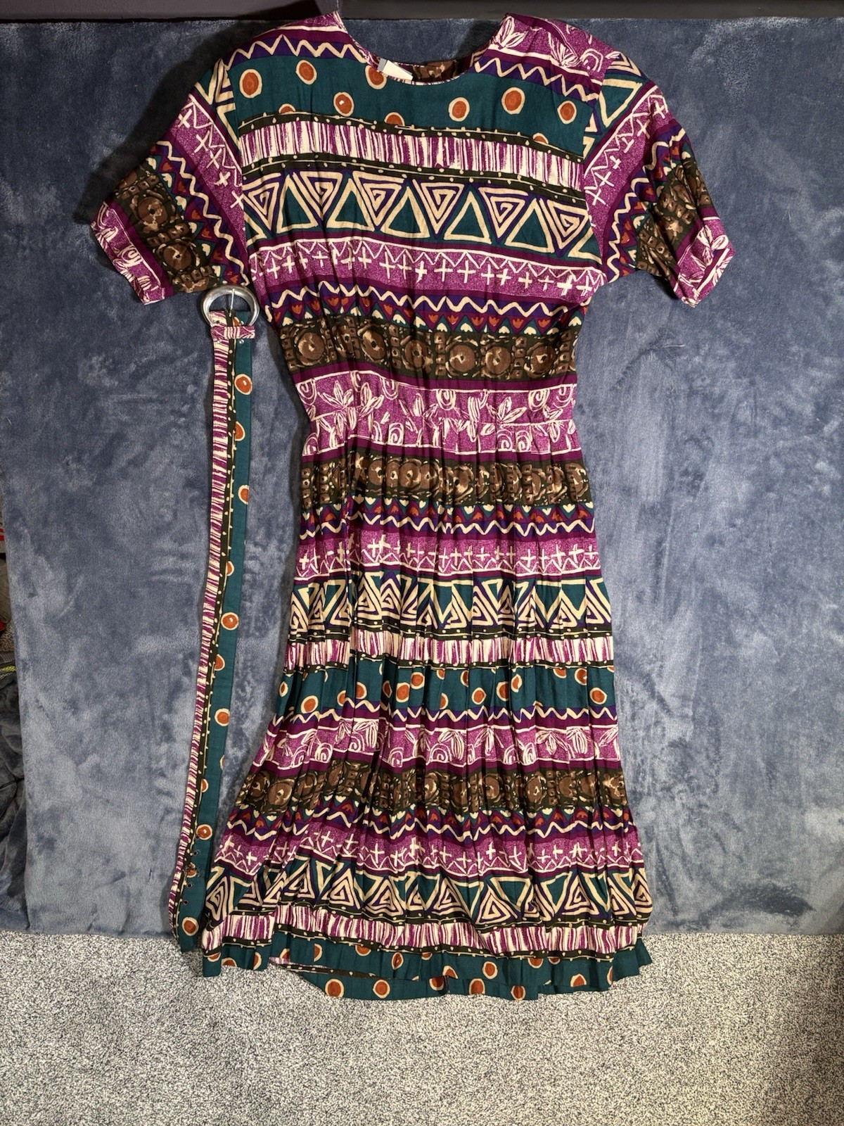 RabbitRabbit Geometric Multicolor Pink Rayon 90s Vintage Dress with Belt Size 12