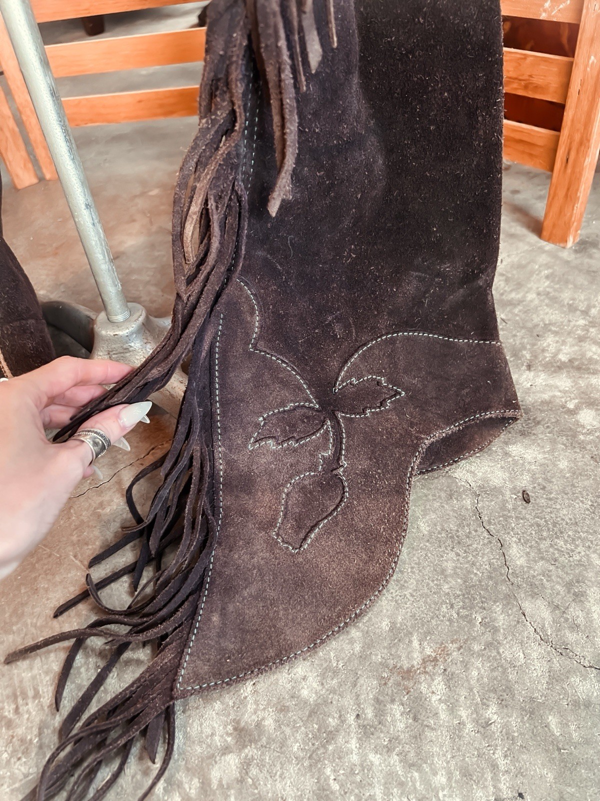 Vintage Handmade Plum Suede Chaps With Floral Detail and Brass Zippers