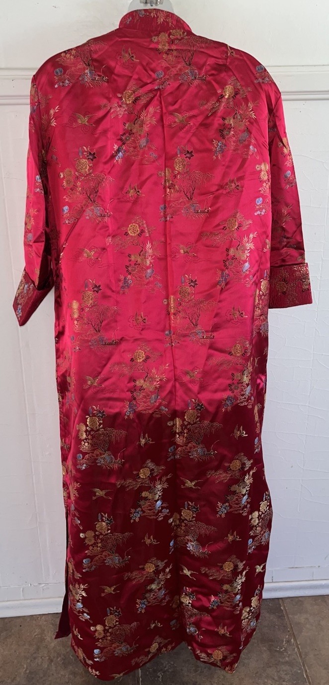Vtg Solz Squirrel Brand Red Satin Long Chinese Jacket Kimono Robe Frog Knot XL