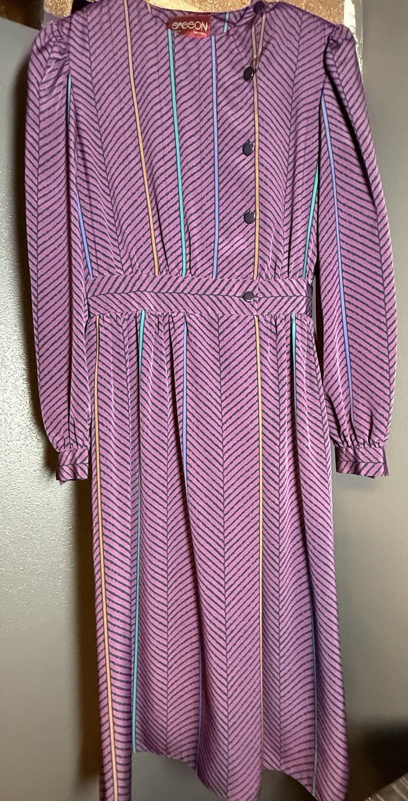 Vintage 80s Sasson Secretary Dress | Purple Geometric Chevron Stripe | Midi 8/9