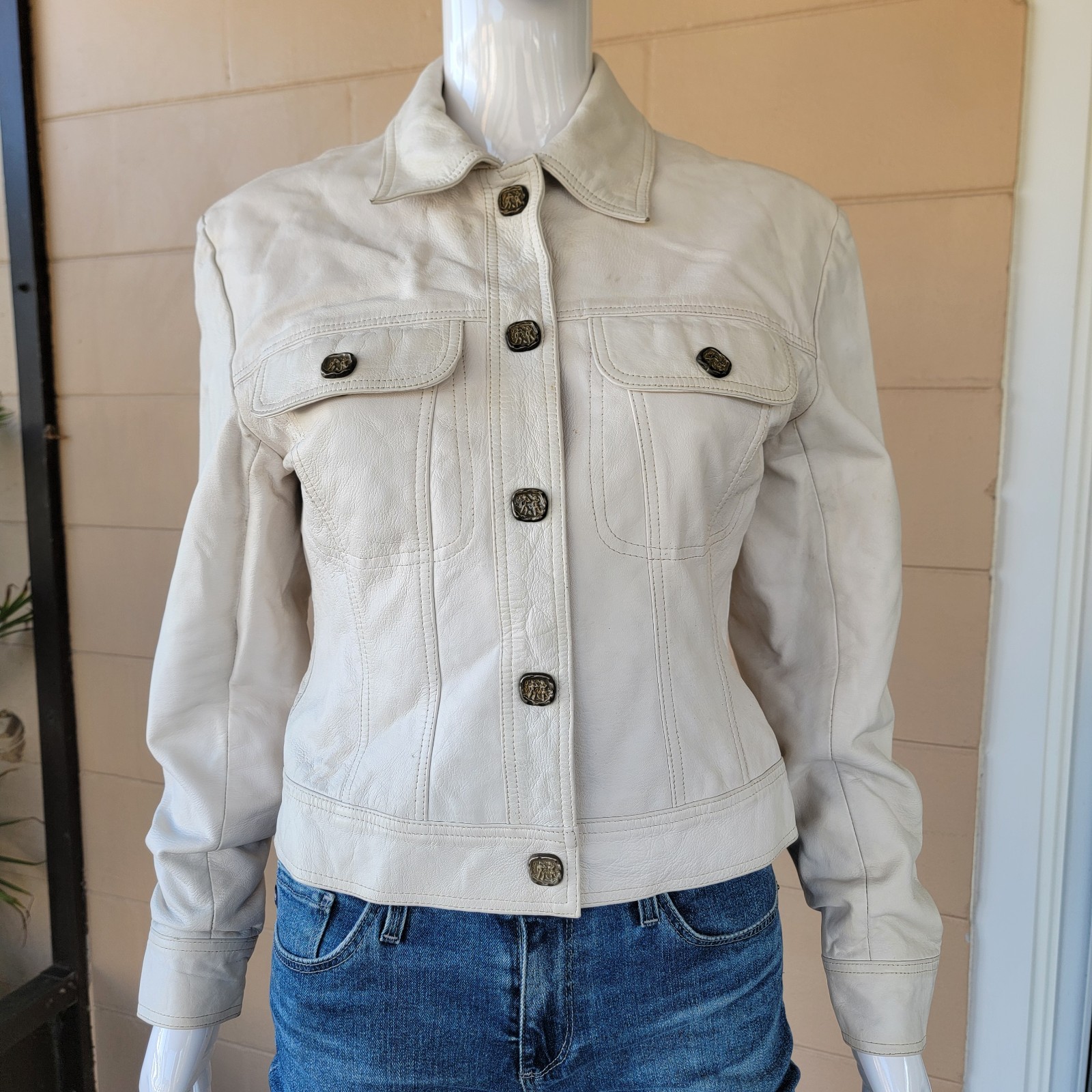 Vintage 90s Margaret Godfrey Leather Jacket Short Off-White Women S Quiet Luxury