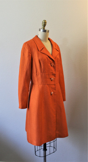 VTG 60s HARRODS – I. MAGNIN of California Orange Silk Fitted Coat Paris