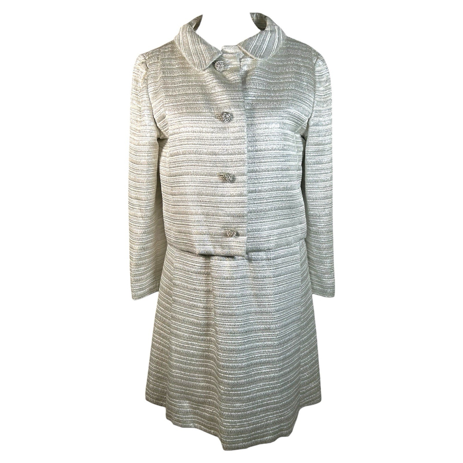 1960s Silver Metallic Stripe Rhinestone Button Dress Jacket Set Deadstock Sz M