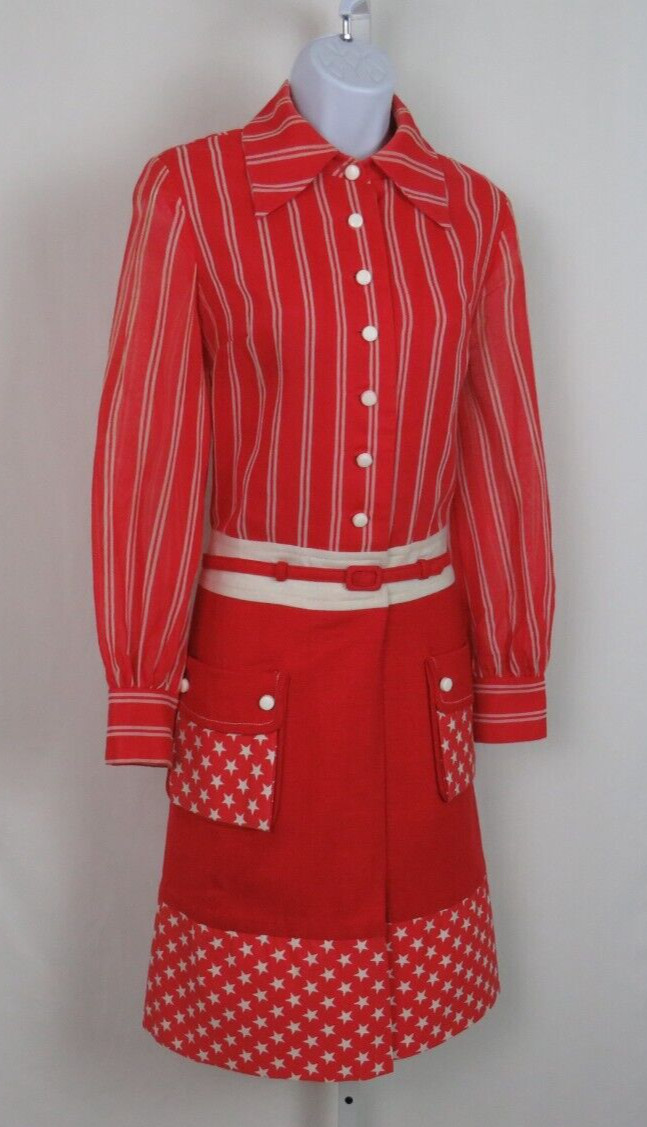 VTG 1950s HOWARD WOLF RED SHIRT DRESS WHITE STARS STRIPES BELT LINEN BLEND
