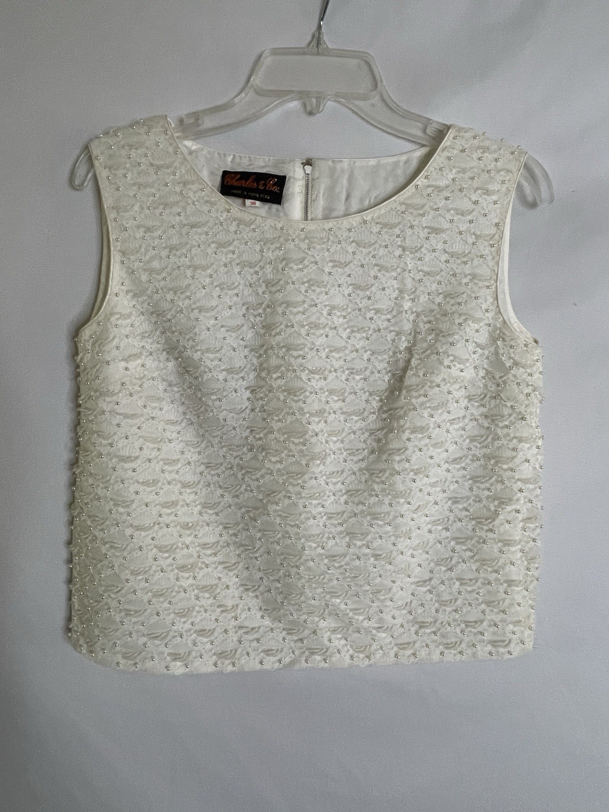 Vintage White Beaded Top 1960s Women’s 38 CHARLES & CO Sleeveless Shell Blouse