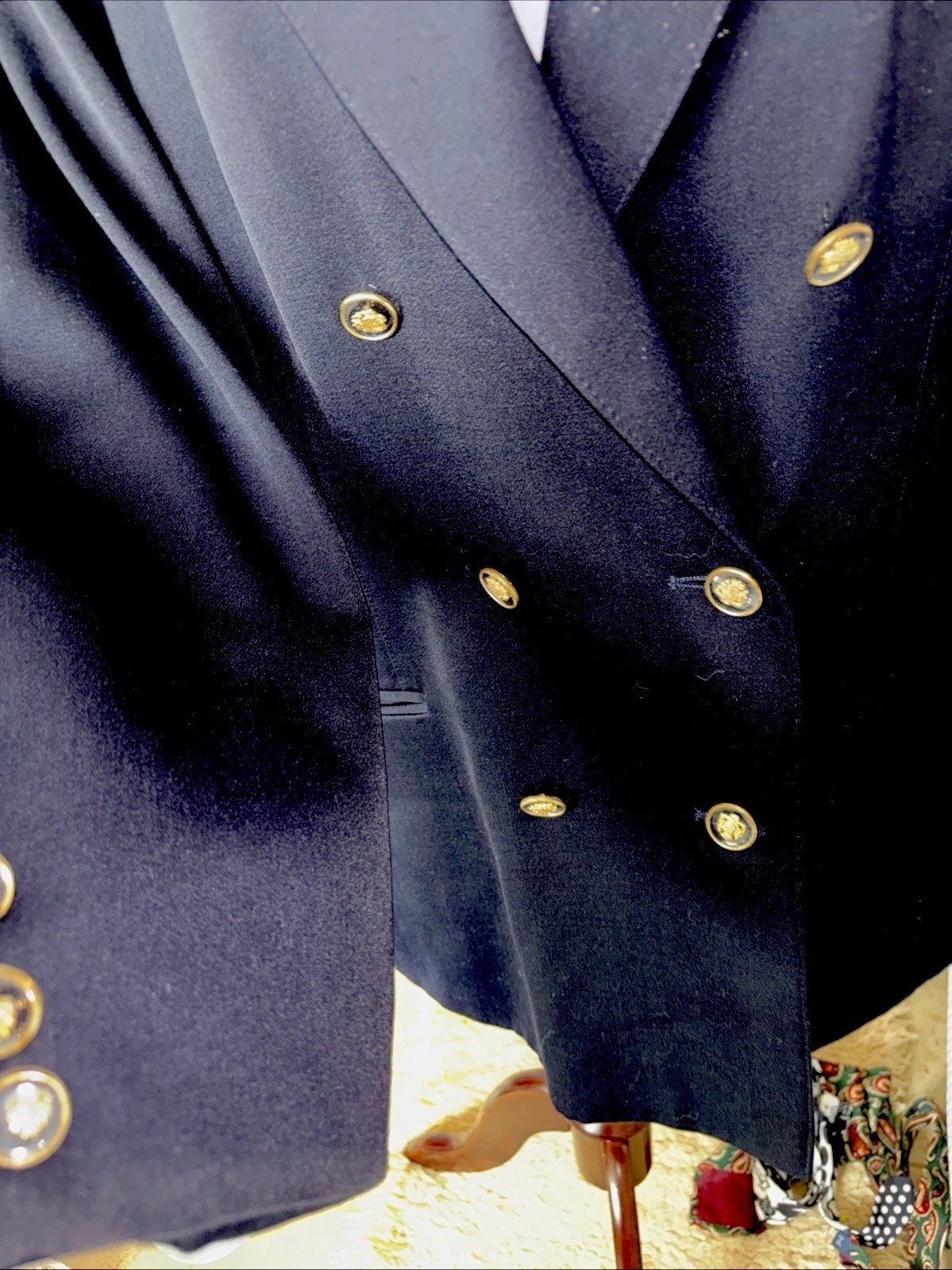 Vtg Your Sixth Sense navy double breasted Virgin Wool Blend blazer Chain Hook