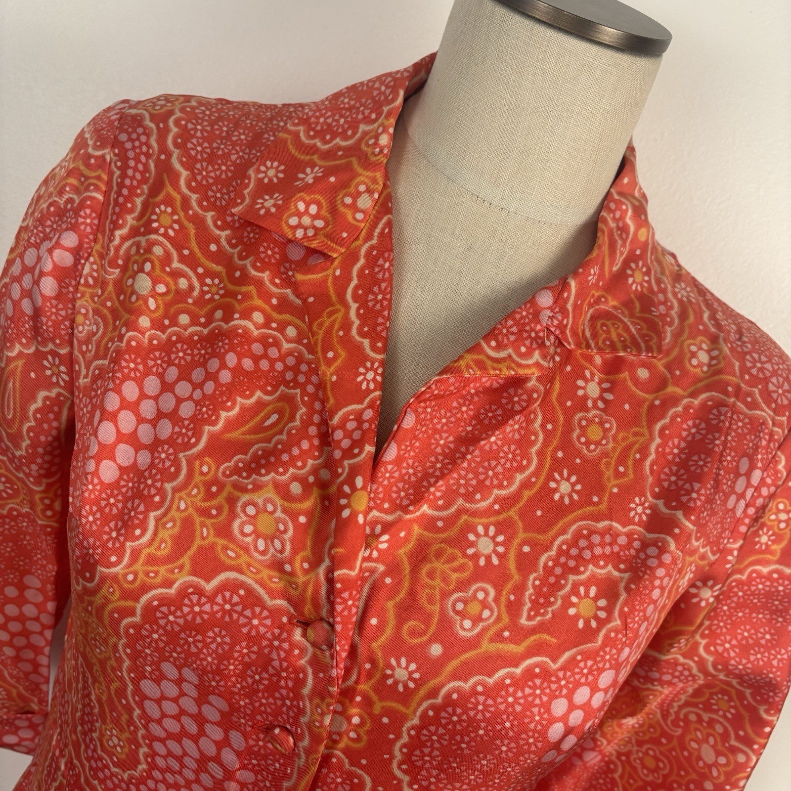 VTG 60s Mod Sheath Dress Orange Pink Psychedelic Paisley Silky Union Made S/6