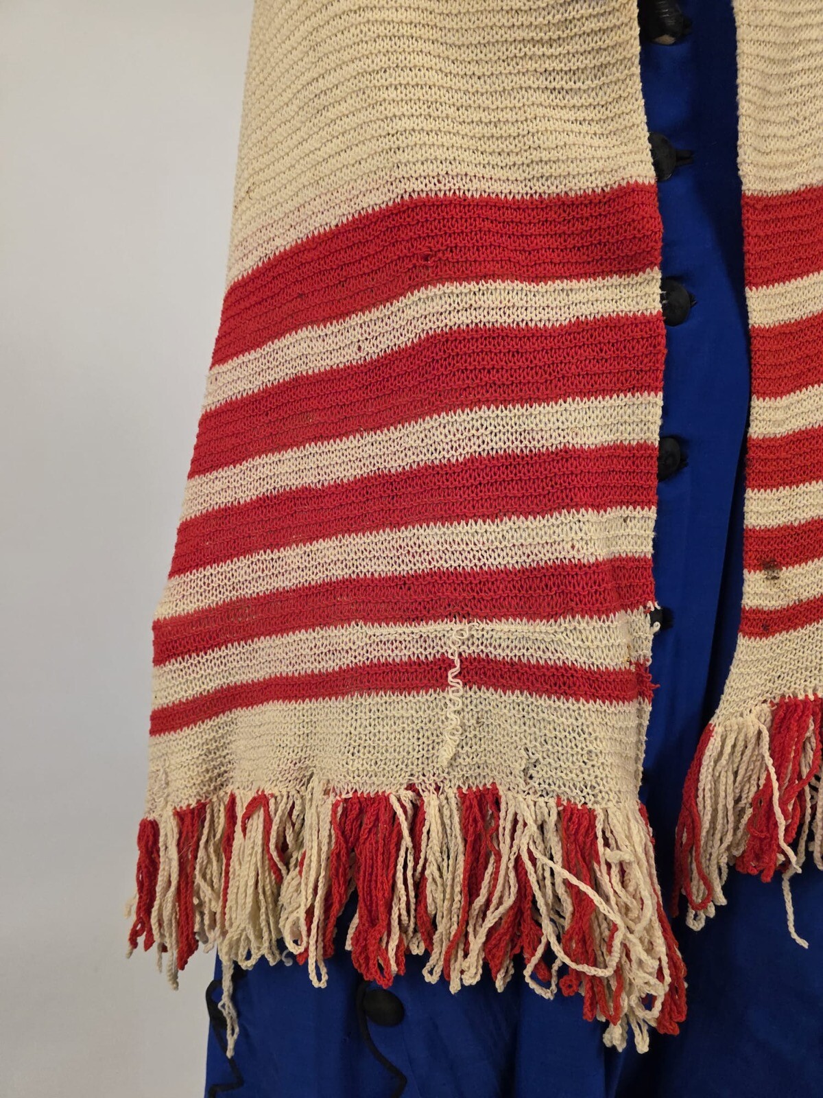 CIVIL WAR 1860’S RED + WHITE HAND KNIT WOOL SHAWL FOR DRESS W FRINGE EDGING