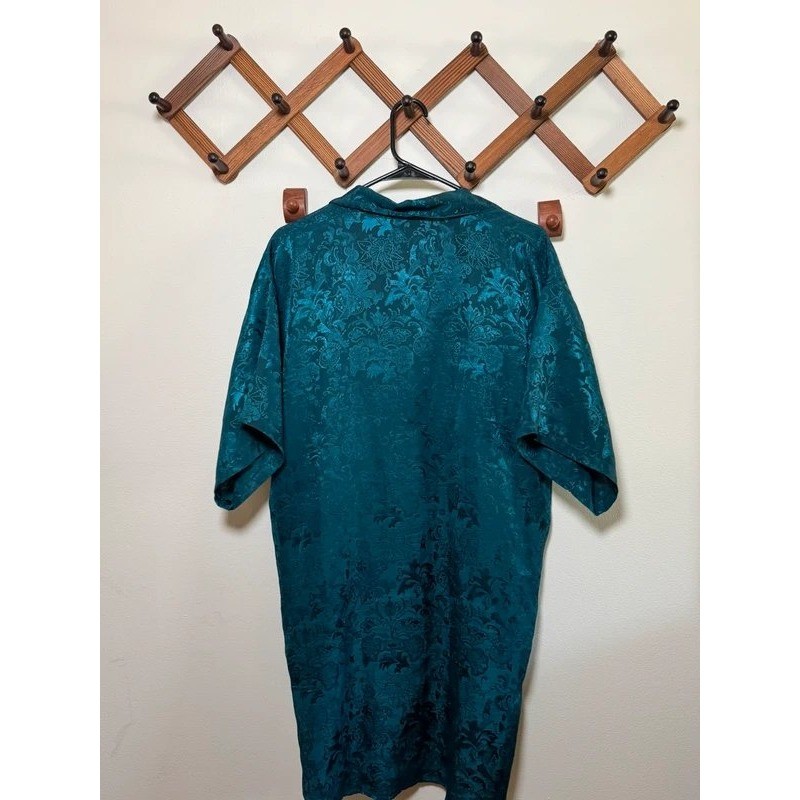 Vintage Teal Blue Jacquard Satin Sleepshirt Button Up Robe Size Medium luxury