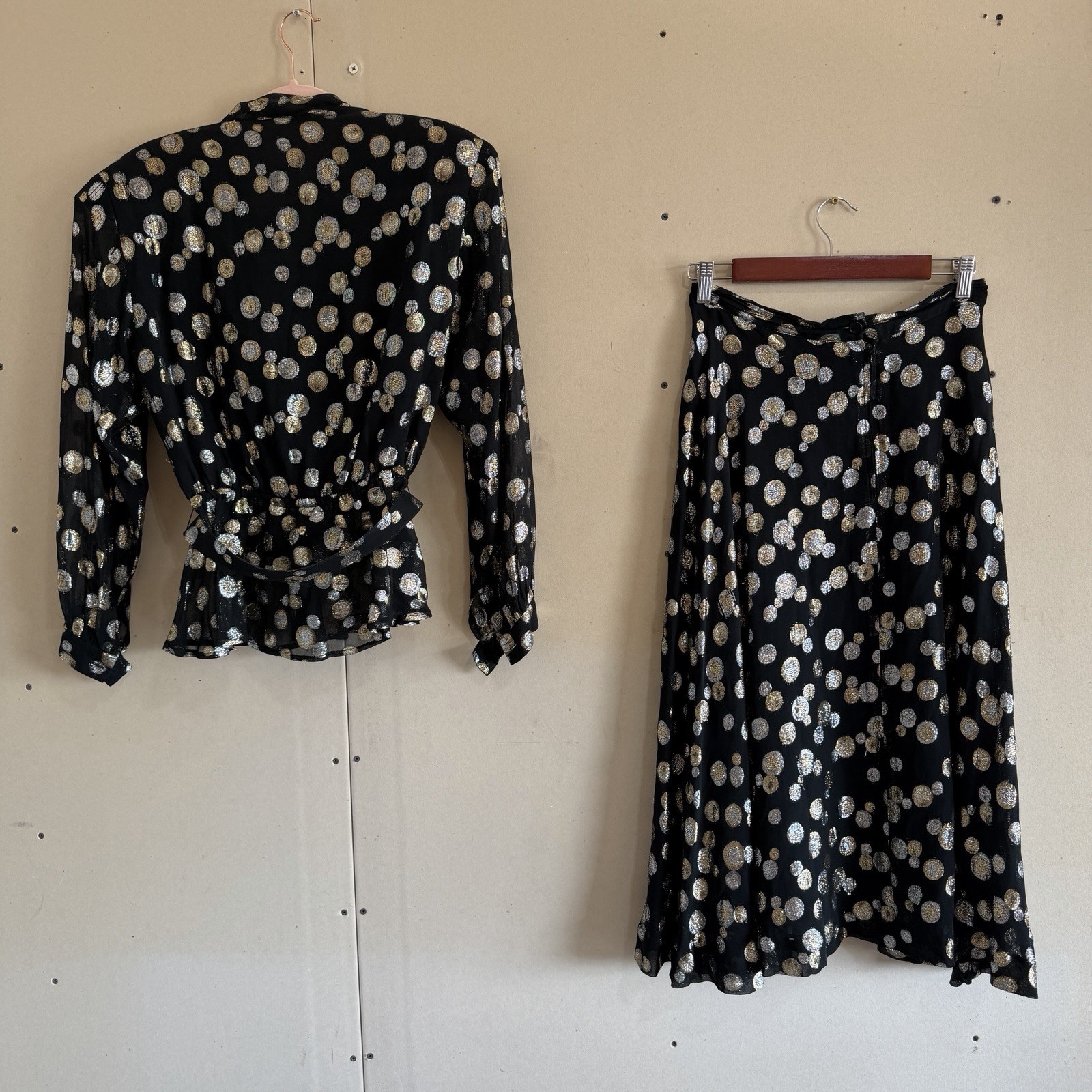 Vintage 80s Halston III Metallic Gold Silver Polka Dot Blouse Skirt Set Sz 10