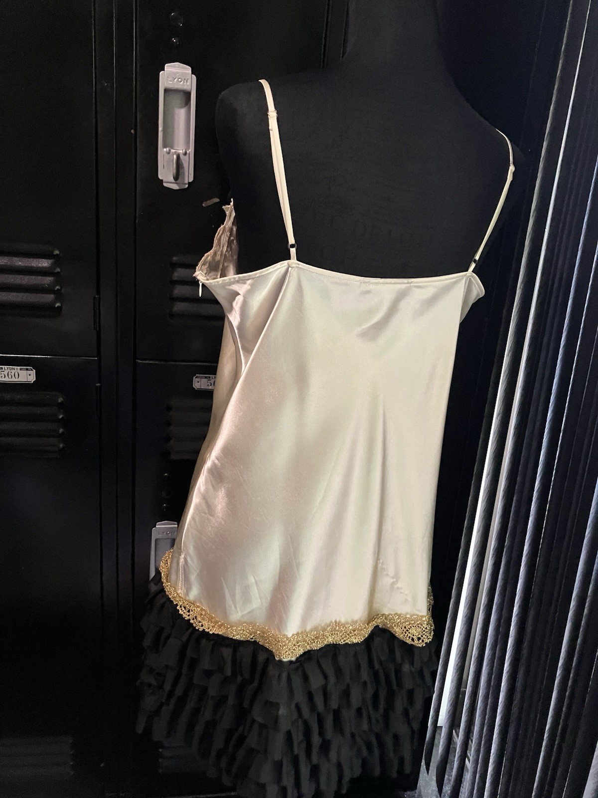 Vintage Ivory Slip with Black Ruffle Hem Lace Upcycled Flapper Gatsby Speakeasy