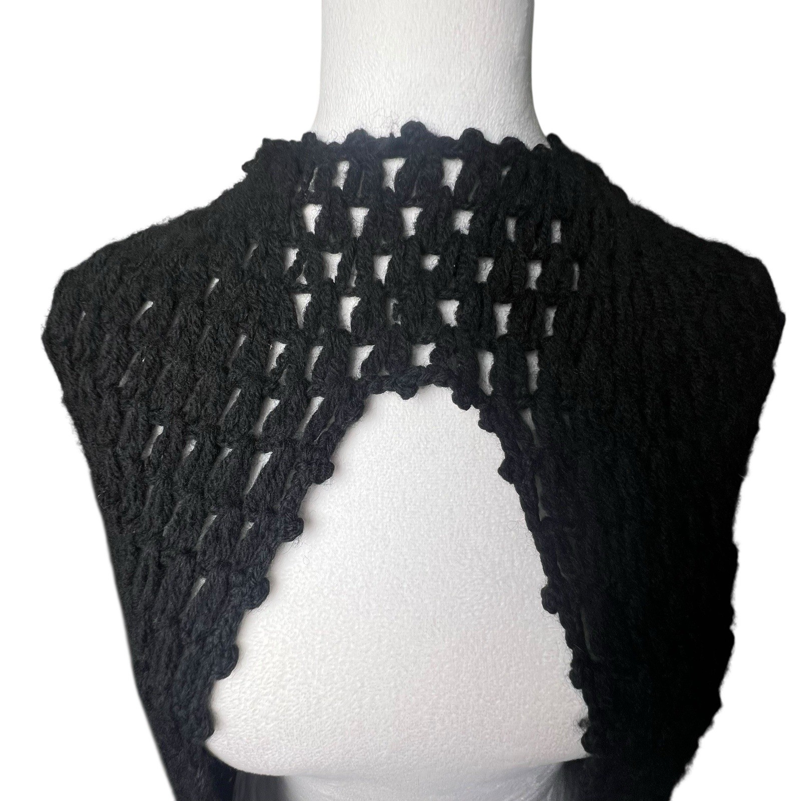 VTG Sweater Bee by BANFF Black Wool Open Knit Fringed Hooded Cape Layering Fairy