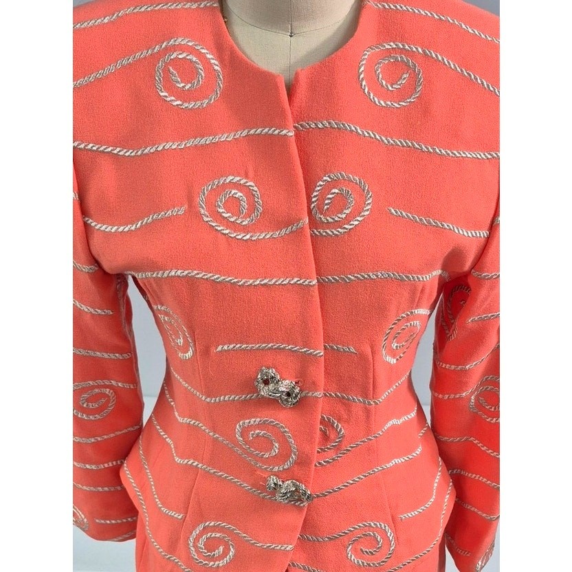 Vtg 80s Magali Skirt Suit Orange Wool Mob Wife Gold Rope Applique Sz 8 M