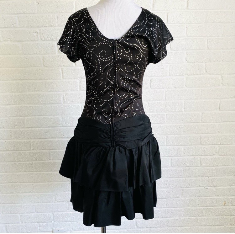 Vintage TJuniors Black Drop Waist DressSize 3-4 Ruffle Sequins 80’s Cocktail