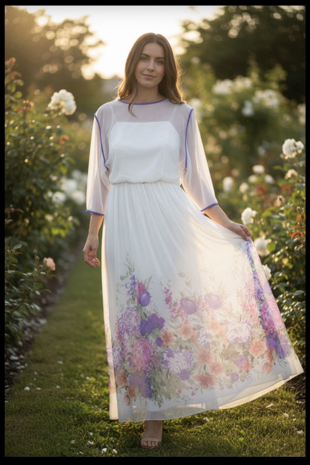 Vintage 70s Miss Elliette CA White/ Floral Maxi Dress Sz 10 Layered Sheer