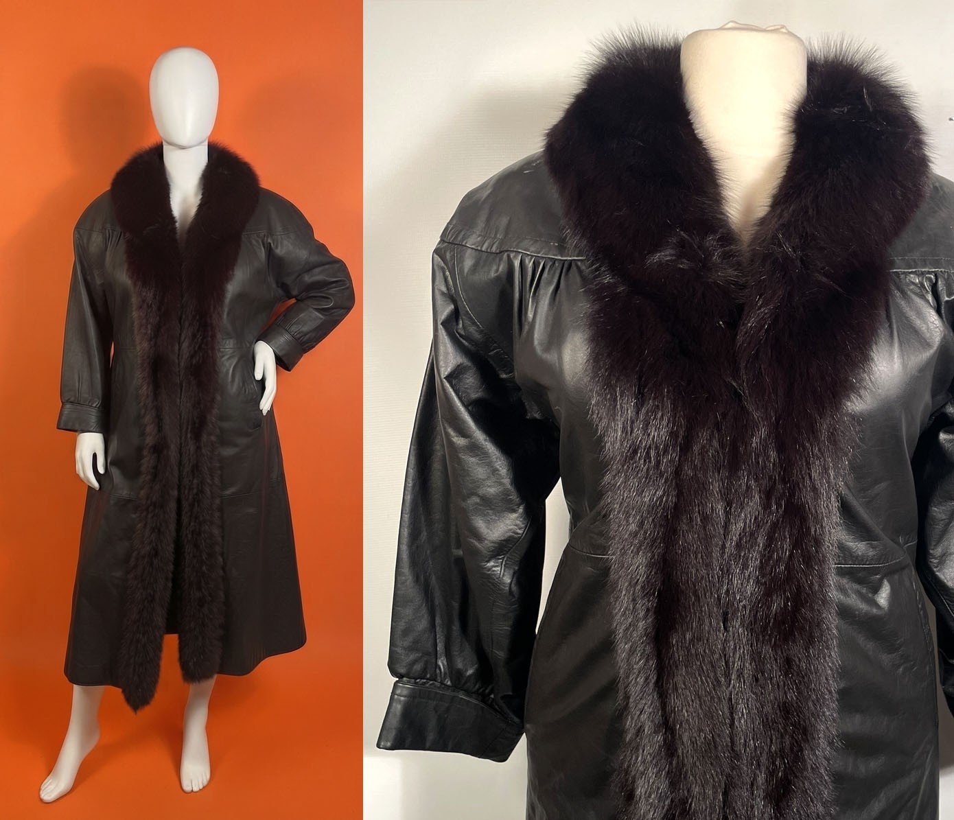 Vintage 1980s Plus Size Fox Trim Black Leather Trench Coat Size 2X/3X