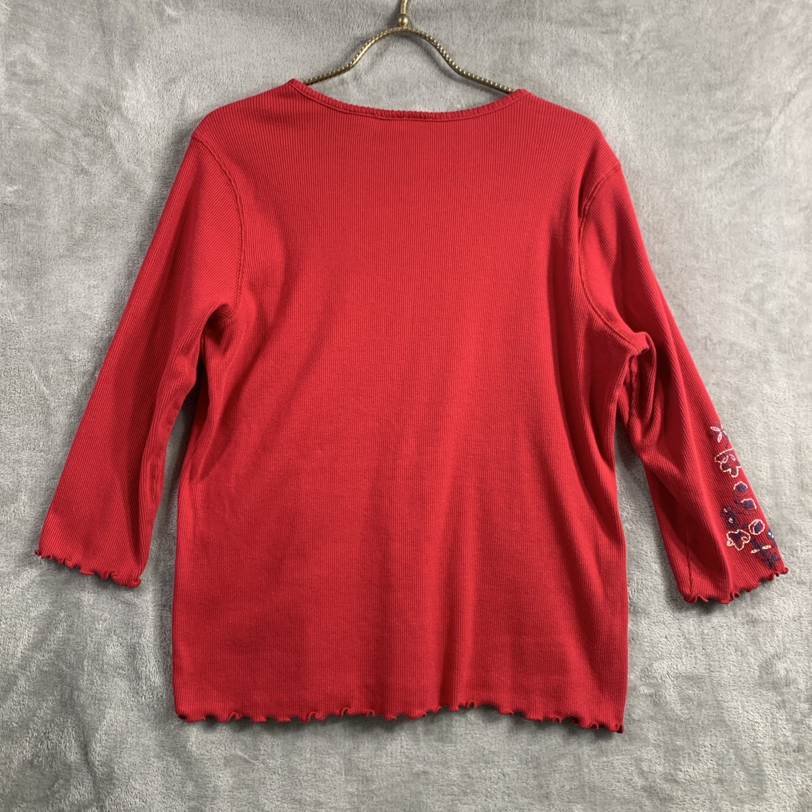 VTG 80’s 90s Ms Lee Top Sz L Red Puff Paint Floral Lettuce Hem Cottagecore Rodeo
