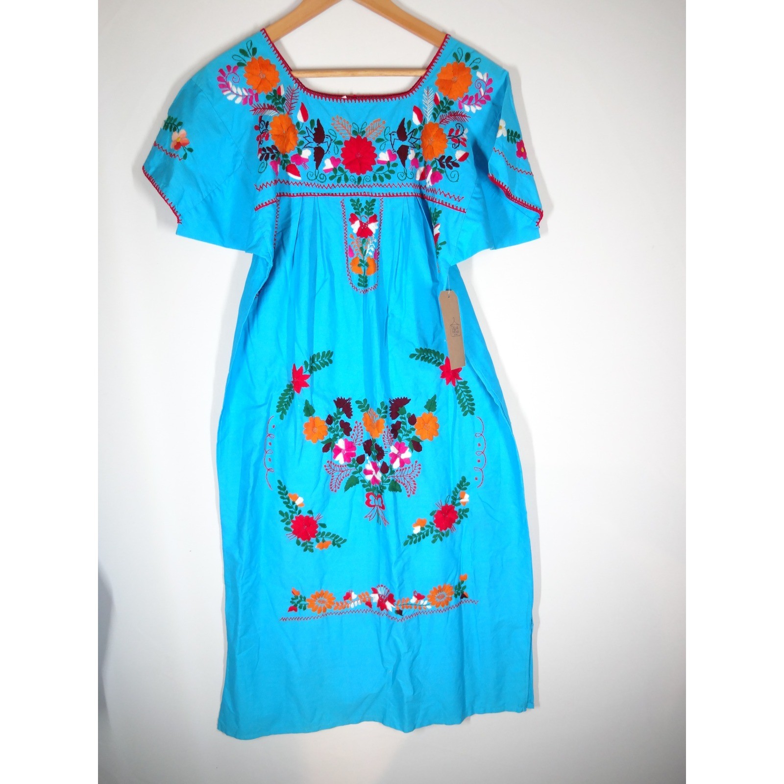 VTG Puebla Dress Womens Small Blue Floral Embroidered Mexican Folk Boho Midi