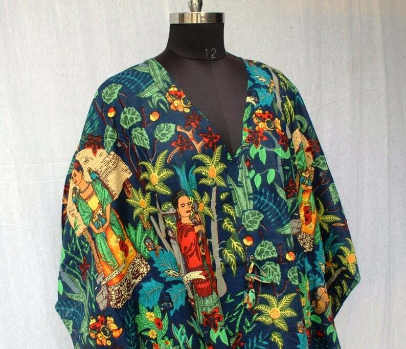 Blue Cotton Kaftan, Indian Floral Kaftan, Long Caftan, Beach Cover up, Sleepwear