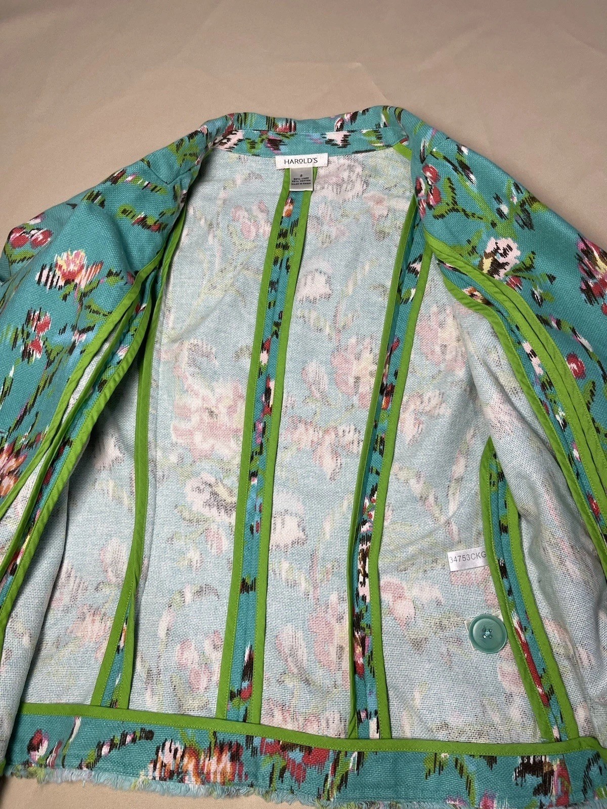 Harolds S~2 Jacket Green Floral BOHO Hippie Button Front Linen Blend Pink Flower