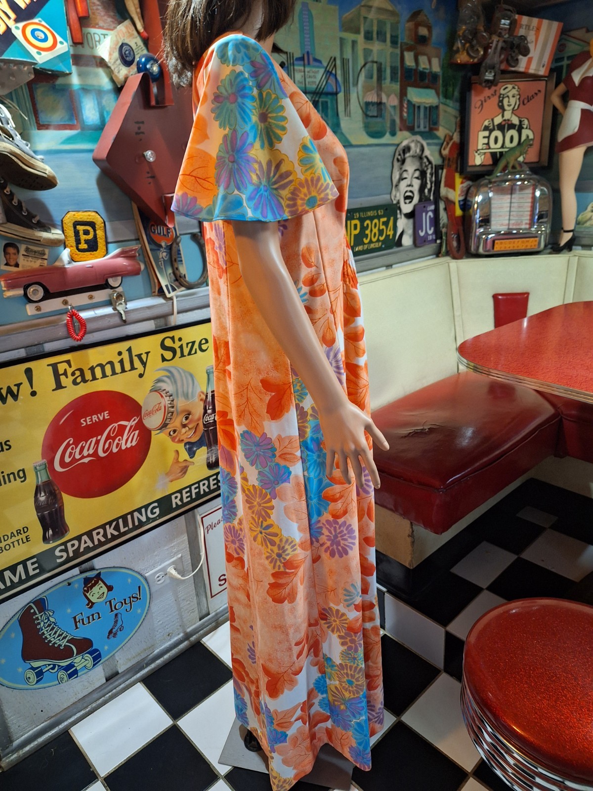 True VTG 1970s MALIHINI HAWAII Mid-century Mod Polyester Maxi Dress Muu Muu L