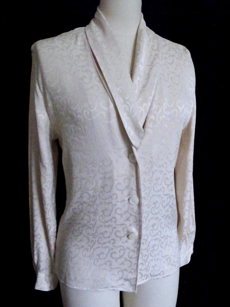 Vintage Christian Dior Ivory Silk Jacquard Blouse 4 Crossover Shawl Collar
