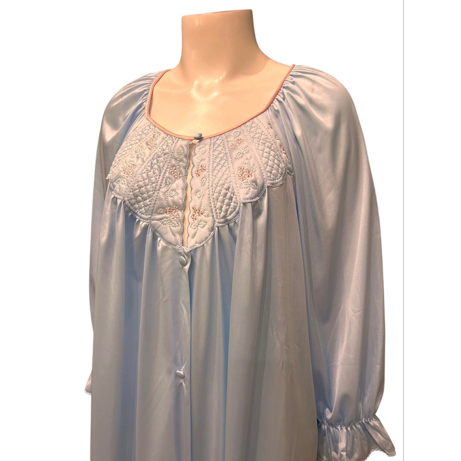 Vintage Vanity Fair Blue Nylon Nightgown Robe M Embroidered Floral USA ^