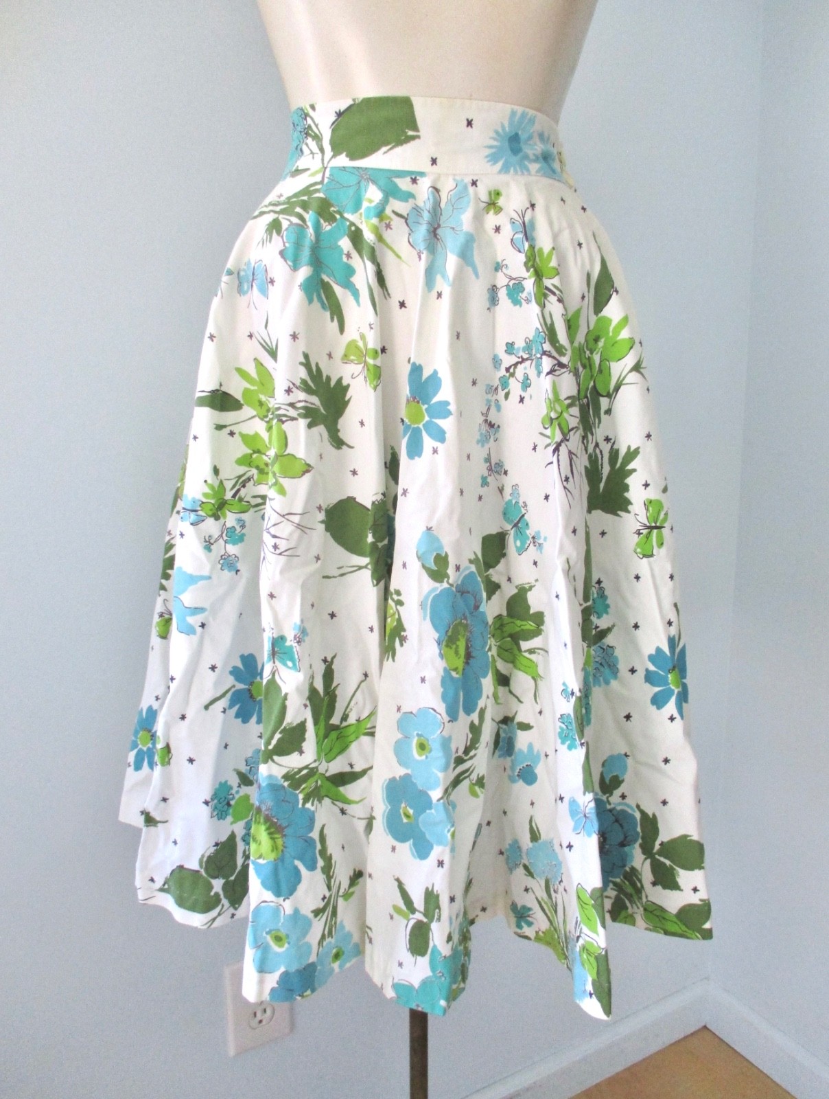 Vtg 50s 60s blue poppies 2-pc halter top circle skirt VLV bombshell set XS/S
