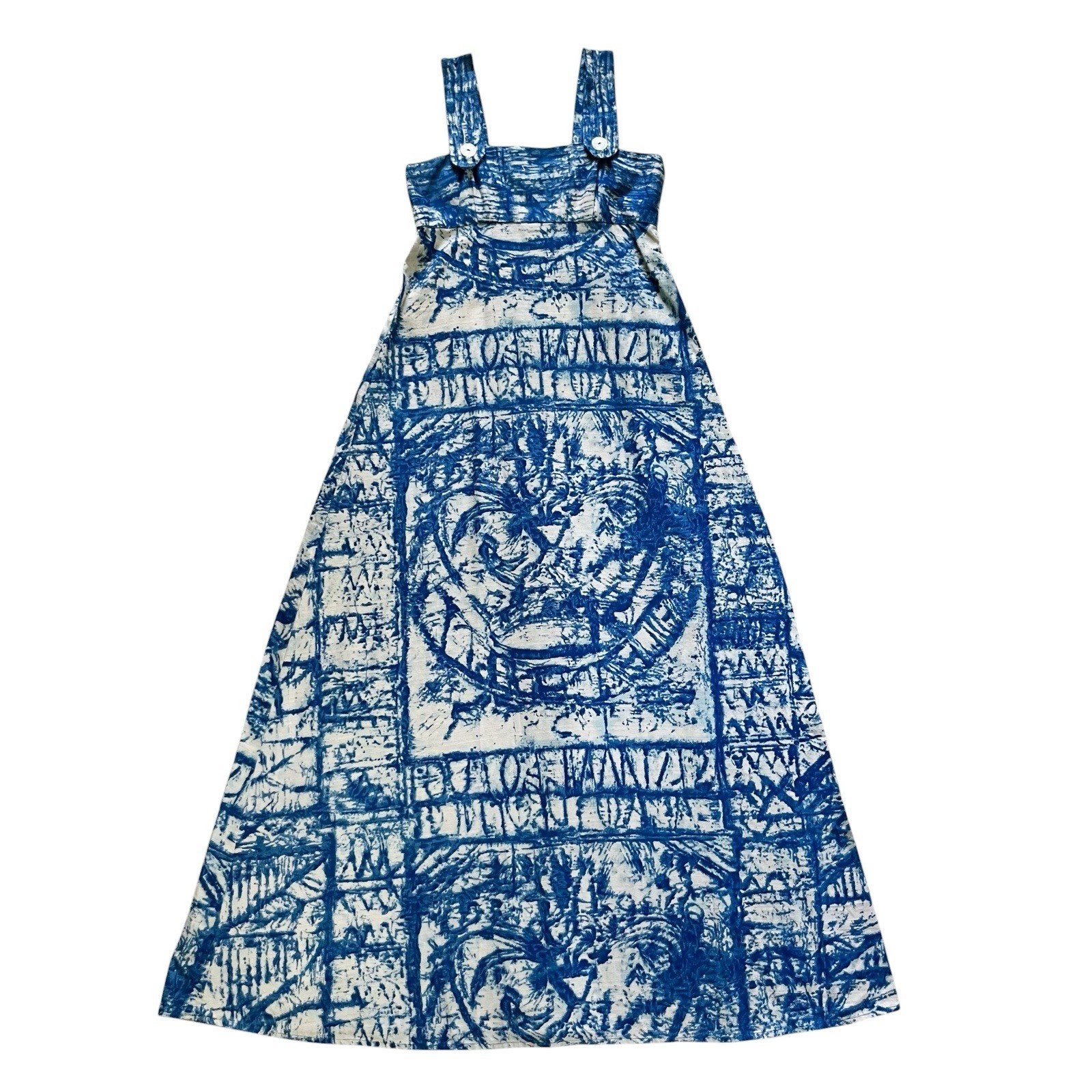 60s 70s Vintage Sleeveless Blue and Ivory Hawaiian Maxi Dress XS/S
