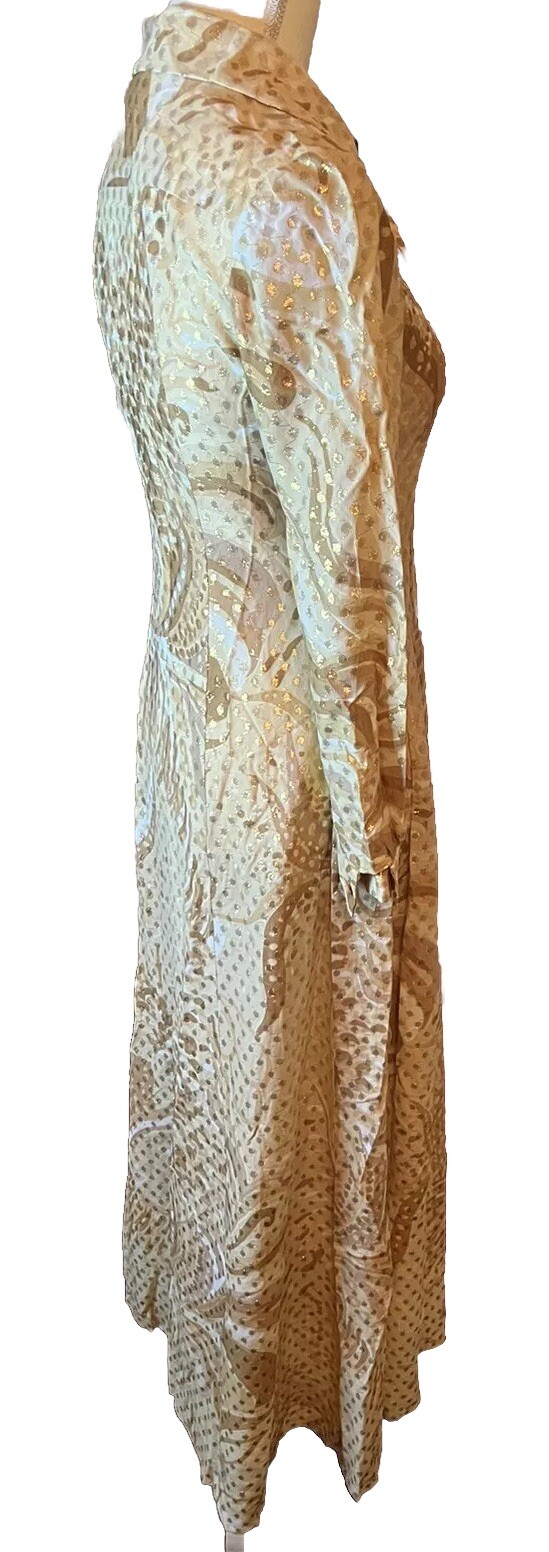 Vintage 70s Nancy Greer New York Metallic Print Party Dress Hostess Long Collar