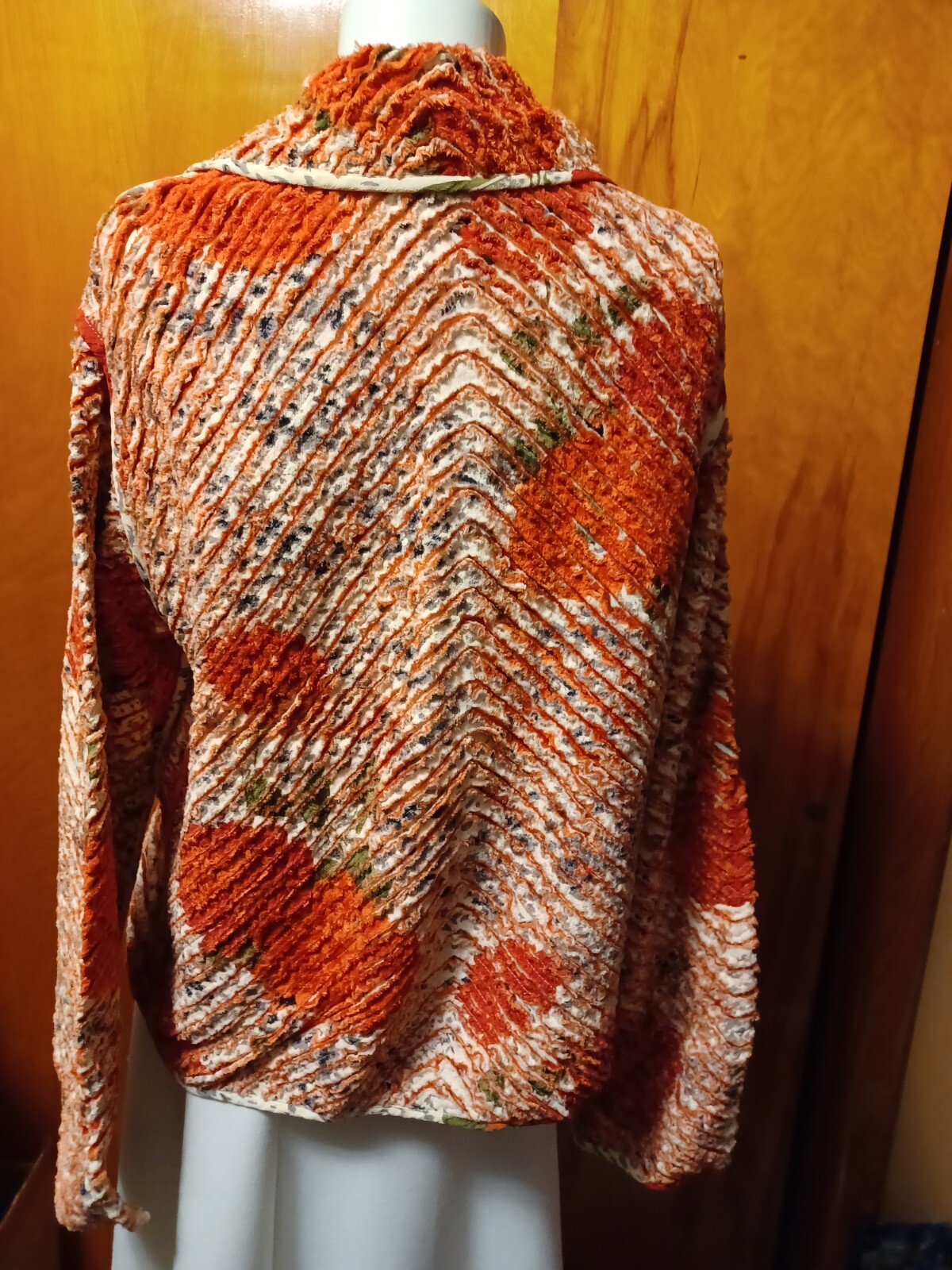 Vtg Paula Sweet Reversible Burnt Orange Gray Floral Fringe Cardigan S/M