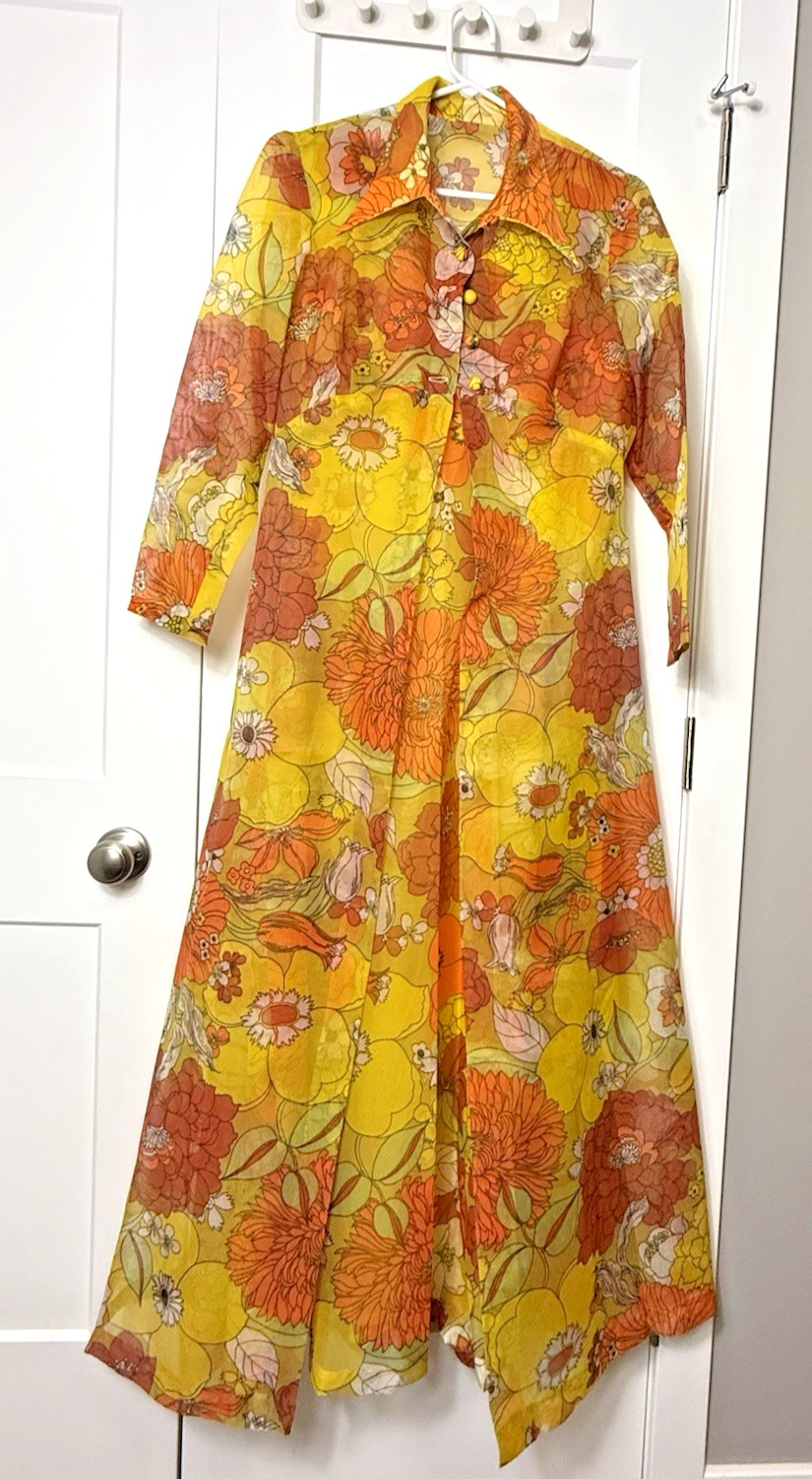 Vtg 60’S Groovy Orange Yellow Sheer Floral Maxi Dress Stiff Chiffon Long Jacket