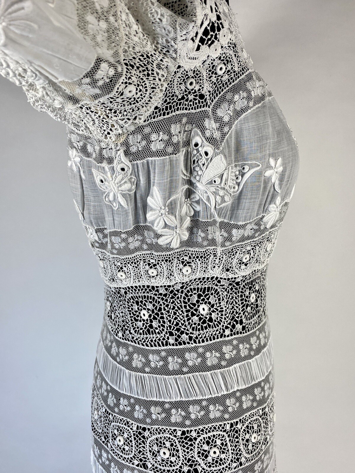 Antique late Victorian-Edwardian intricate pieced lace sheer wedding gown dress