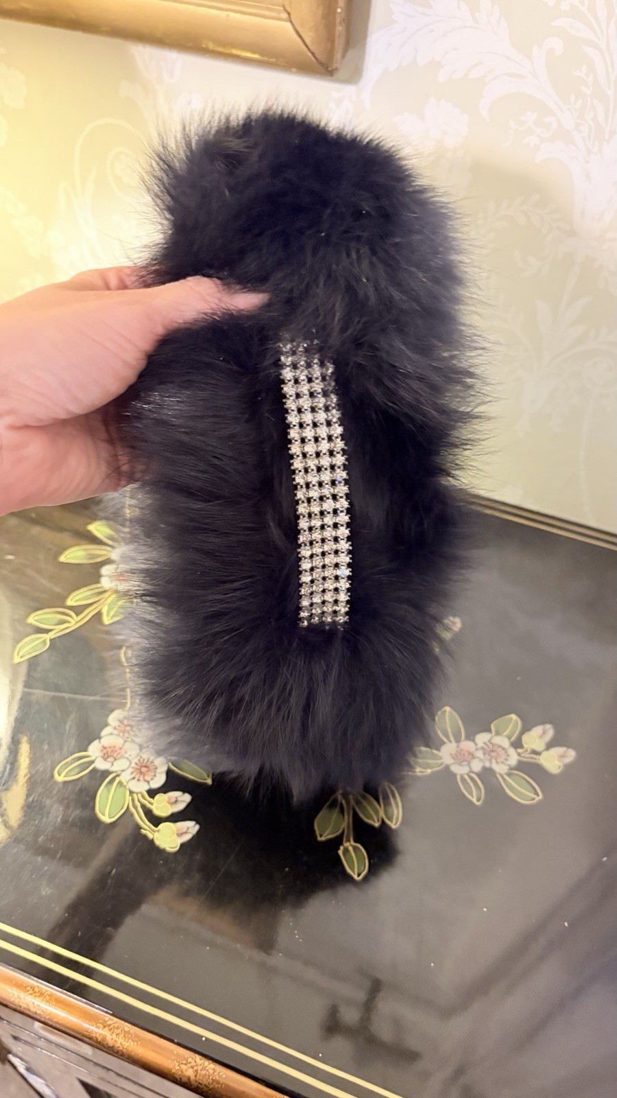 LIORAH Real DARK BLUE Fox fur headband hat, lined 23″ rhinestone band