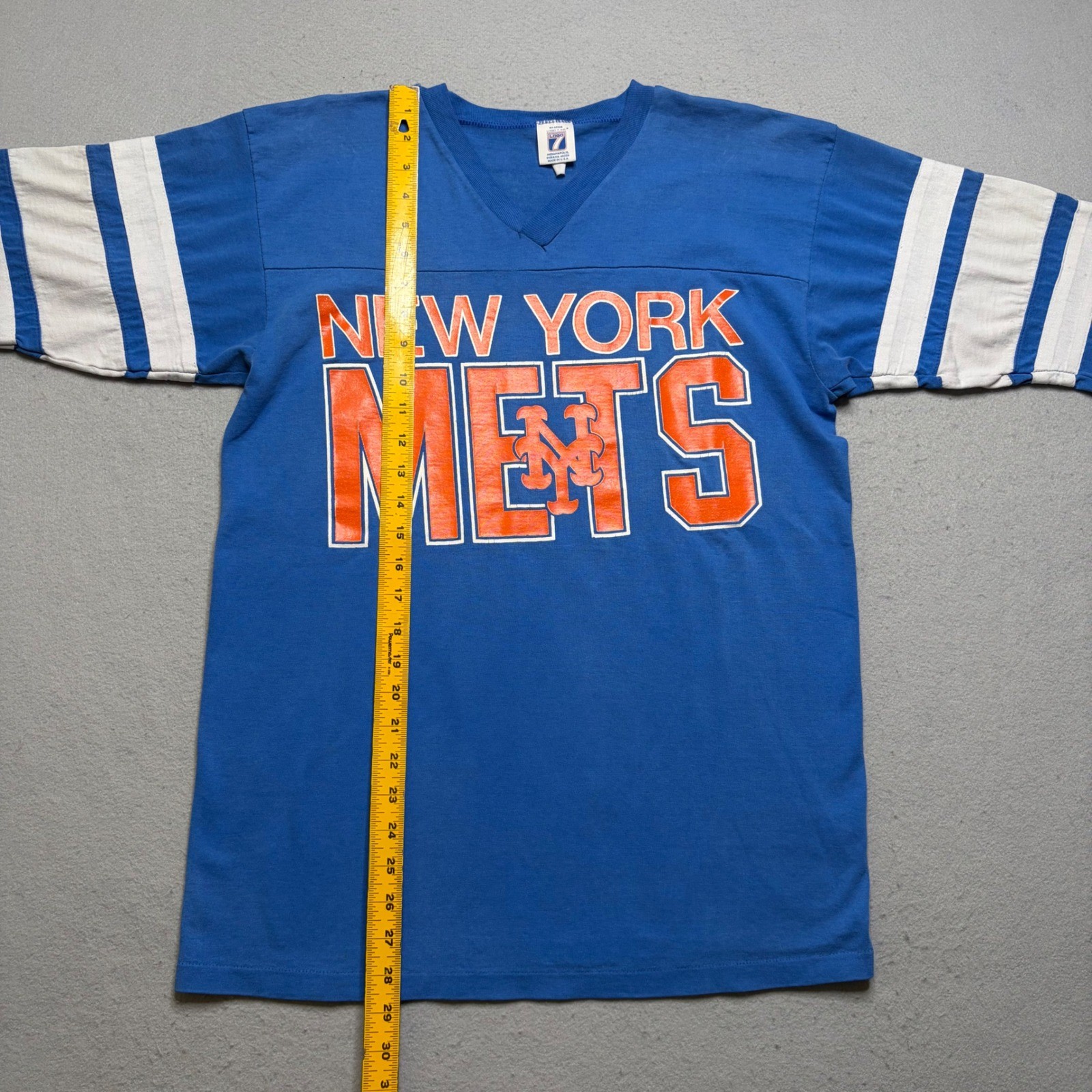 Logo 7 Shirt Womens M Blue New York Mets Vintage 80s Jersey Style Striped Sleeve