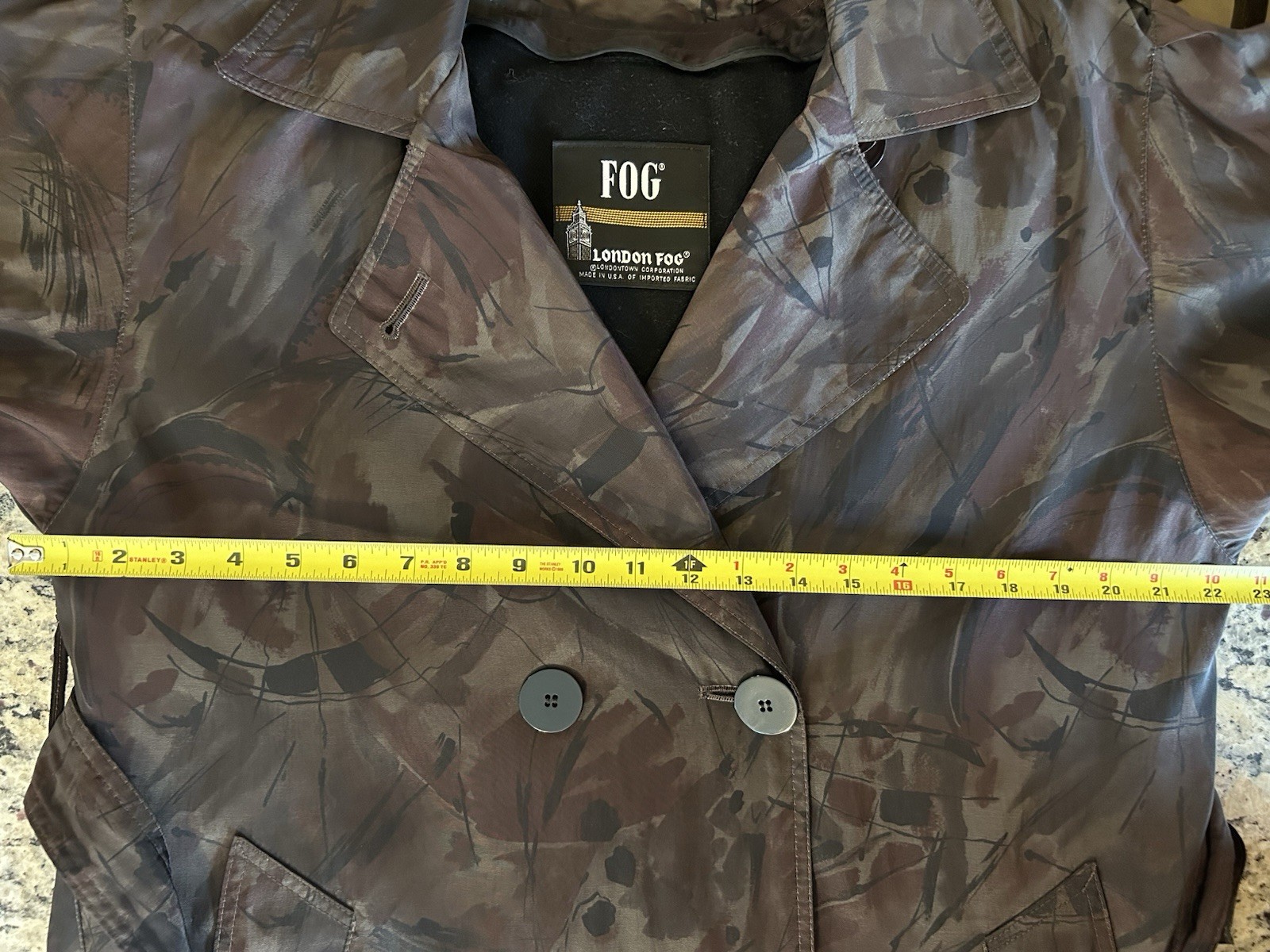 Vintage 90s London Fog Women’s 6 Abstract City Camouflage Trench Coat Wool Lined