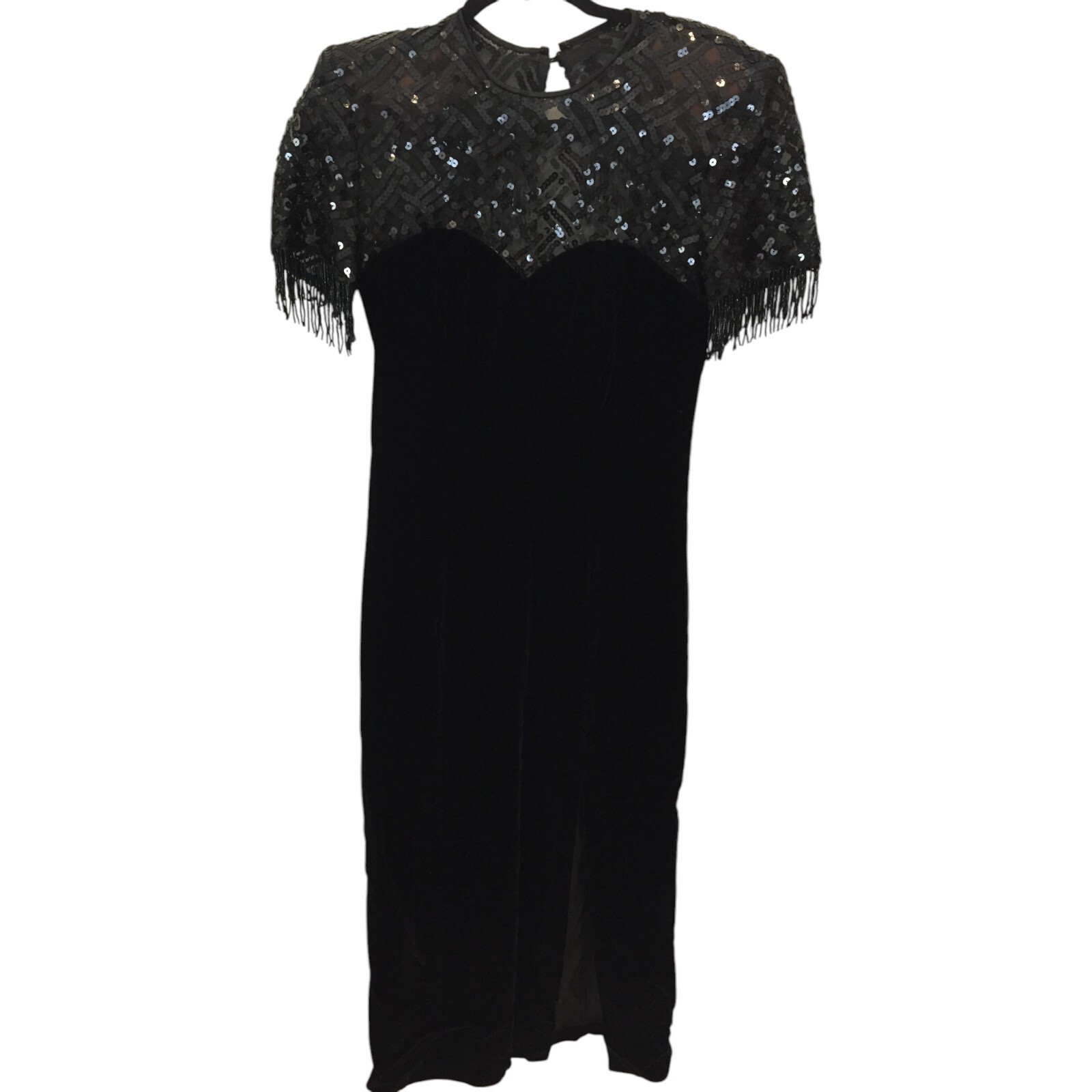 Niki Originals Black Slit Velvet Sequins Beaded Fringe Dress Womens 8 Crew Neck