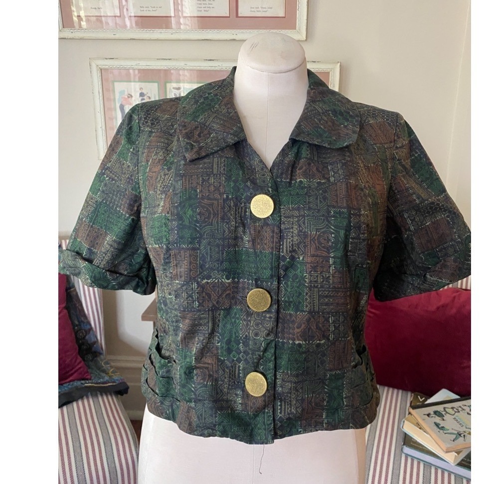 Vintage 60s Tiki Print Cropped Jacket Green Brown Geometric Gold Buttons XL