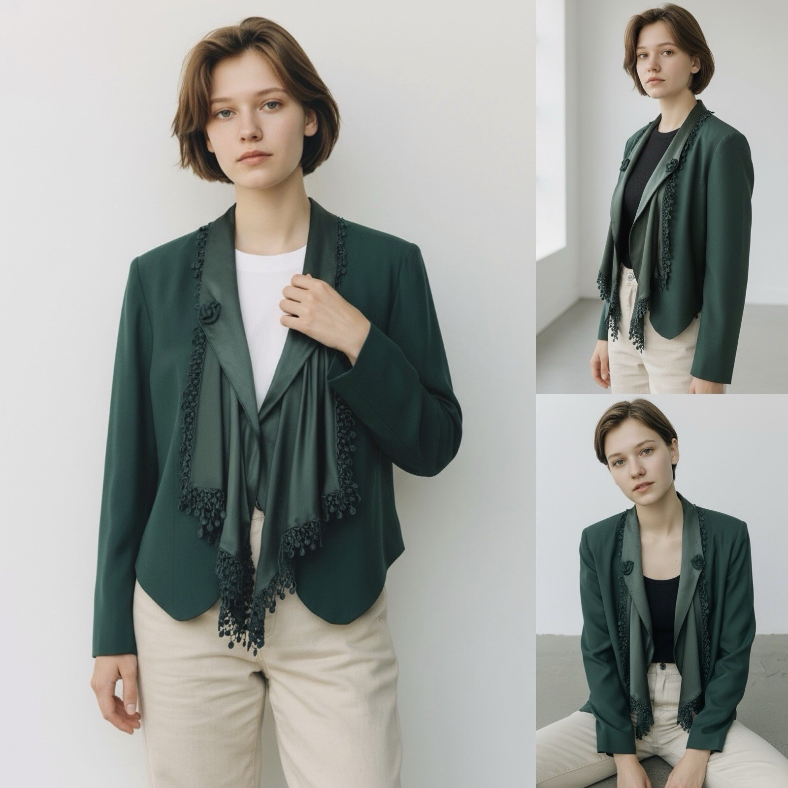 Wild Rose Vintage Blazer Draped Waterfall 4 Satin Lapel Front with Lace Cropped